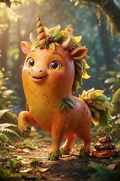 A cute, orange, freckled unicorn creature with leaves in its mane standing in a magical forest next to a smiling pile of poop.