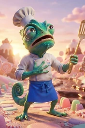 A green cartoon chameleon dressed as a chef with a white hat and blue apron, holding a wooden spatula and crying in a candy land fantasy world.