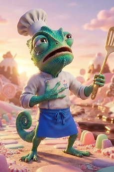 A green cartoon chameleon dressed as a chef with a white hat and blue apron, holding a wooden spatula and crying in a candy land fantasy world.