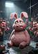 A sad pink bunny sitting on a stone floor in a prison cell surrounded by an angry mob of aggressive looking men in grey clothing.