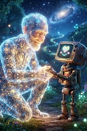 A glowing celestial man with a beard kneels to hold hands with a small rusty robot displaying a pixelated heart face in a magical forest.
