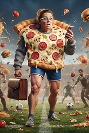 Brainrot Me character: a massive pizza monster with human legs and a briefcase in a football pitch during a giant food fight