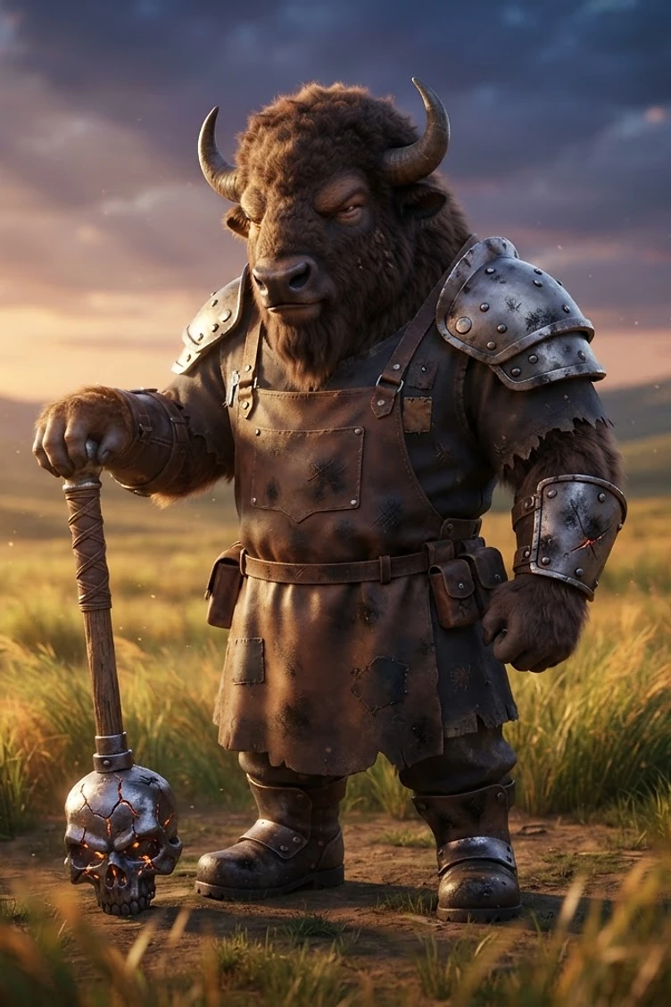 A stoic anthropomorphic bison warrior wearing leather armor and metal pauldrons, holding a mace with a glowing skull head in a grassy field at sunset.