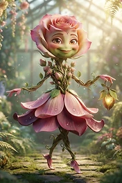 A whimsical rose-headed fairy creature with a petal dress and vine limbs walking through a sunlit greenhouse carrying a glowing flower lantern.