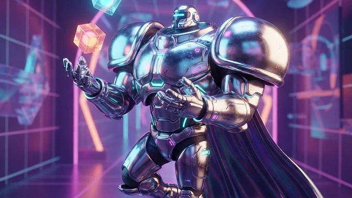 A metallic chrome robot wearing a cape juggles three glowing, semi-transparent cubes in a futuristic synthwave neon environment.
