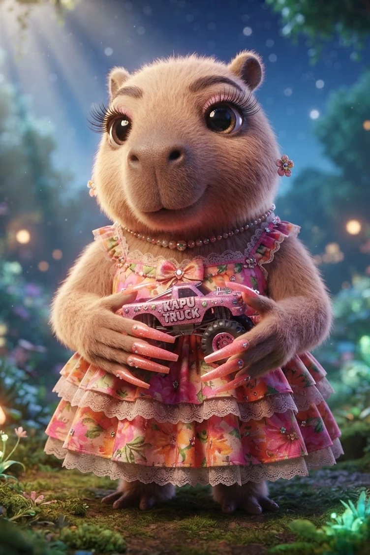 A cute capybara character dressed in a frilly floral dress and pearl necklace holding a pink toy monster truck in an enchanted, glowing forest.