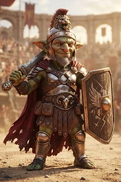 A small green goblin dressed as a Roman gladiator holding a sword and shield standing in a crowded coliseum arena.