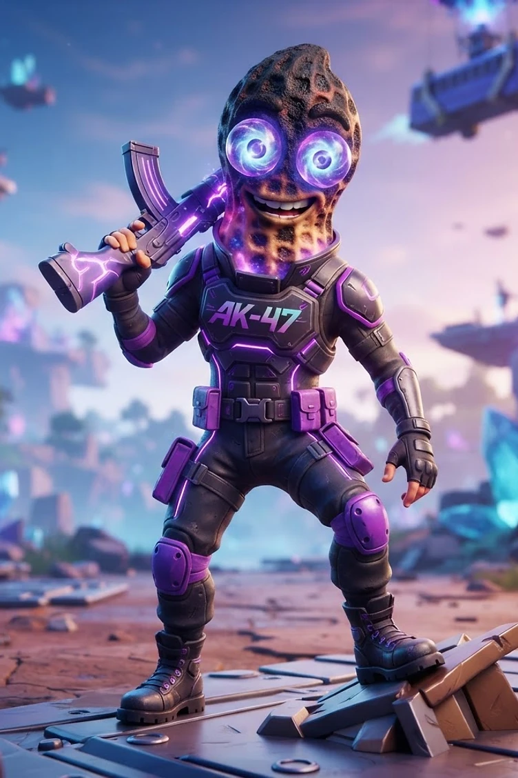 A stylized peanut character with glowing spiral eyes wearing purple and black tactical gear, holding a purple rifle in a fantasy landscape.