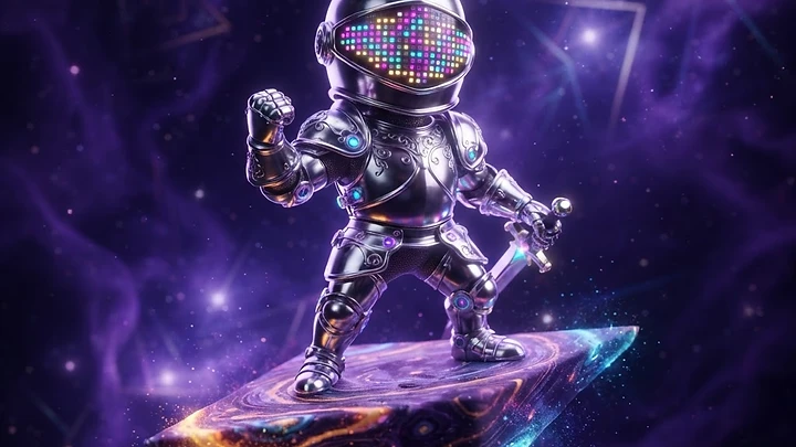 A stylized, metallic knight character with a glowing pixelated visor, wearing ornate armor, standing on a swirling cosmic platform in deep space.