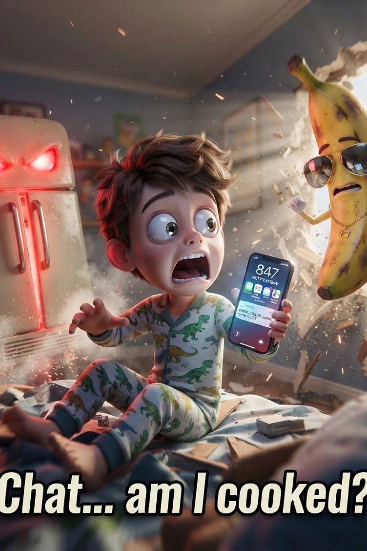 A cartoon boy in dinosaur pajamas looks shocked while holding a phone, as a cool banana with sunglasses breaks through the wall and an evil refrigerator glows red in the background.