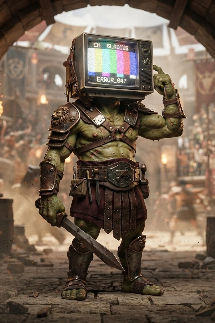 A muscular green orc gladiator with a vintage television for a head stands in an arena tunnel holding a sword.