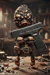A stylized peanut character with a weathered, textured surface and an angry expression, holding a black handgun, standing on a workshop table surrounded by tools.