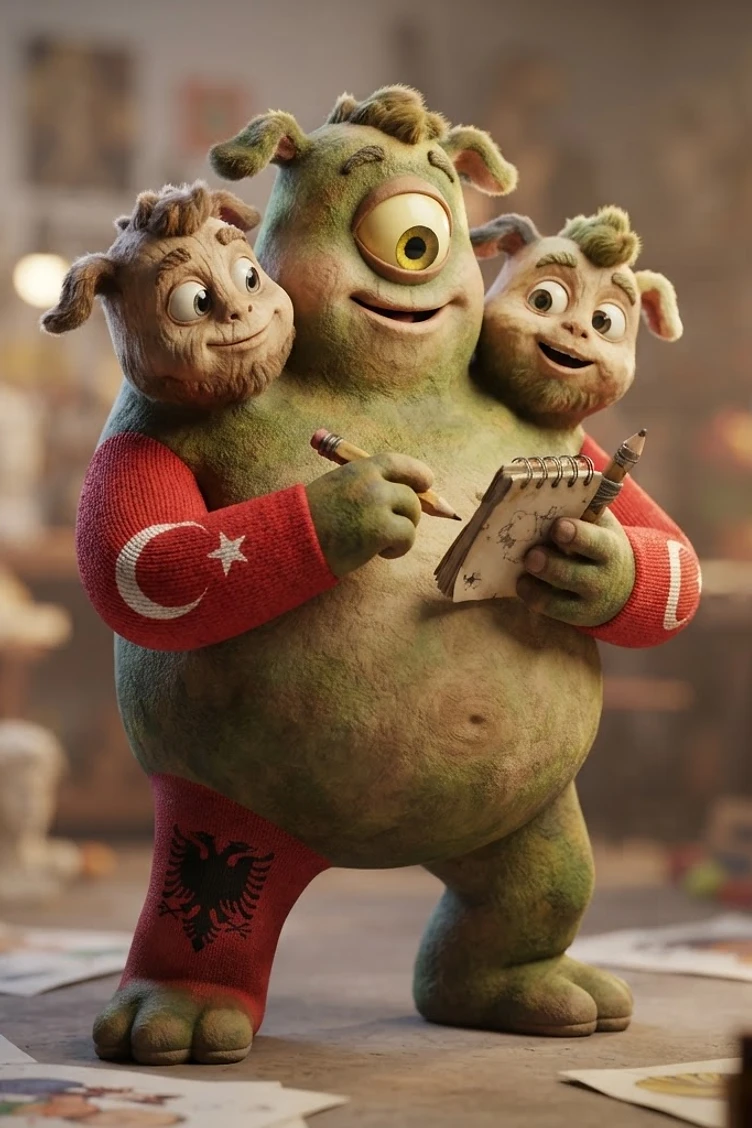 A three-headed green monster with one eye in the center head and two human-like heads on its shoulders, drawing in a sketchbook in an art studio.