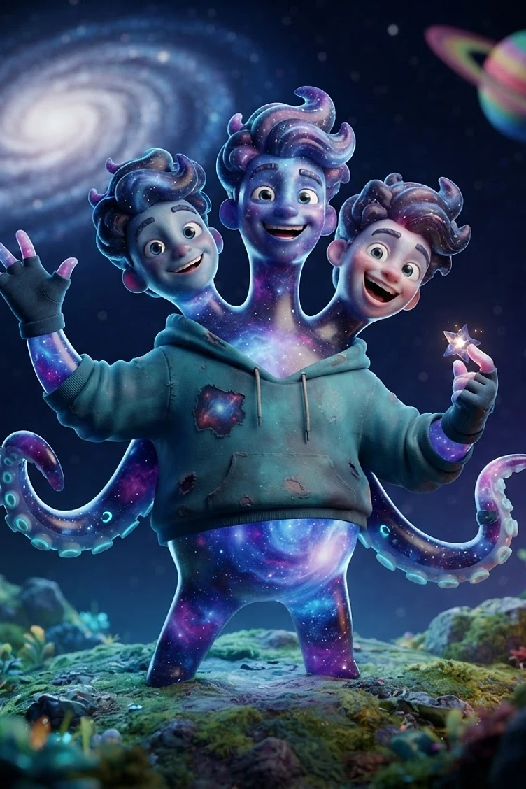 A whimsical three-headed cosmic creature with galaxy-patterned skin and octopus tentacles standing in an alien landscape under a space sky.
