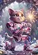 A sad, teary-eyed kitten with a robotic body, kneeling in a glowing crystal cave while holding a sparking handheld firework.