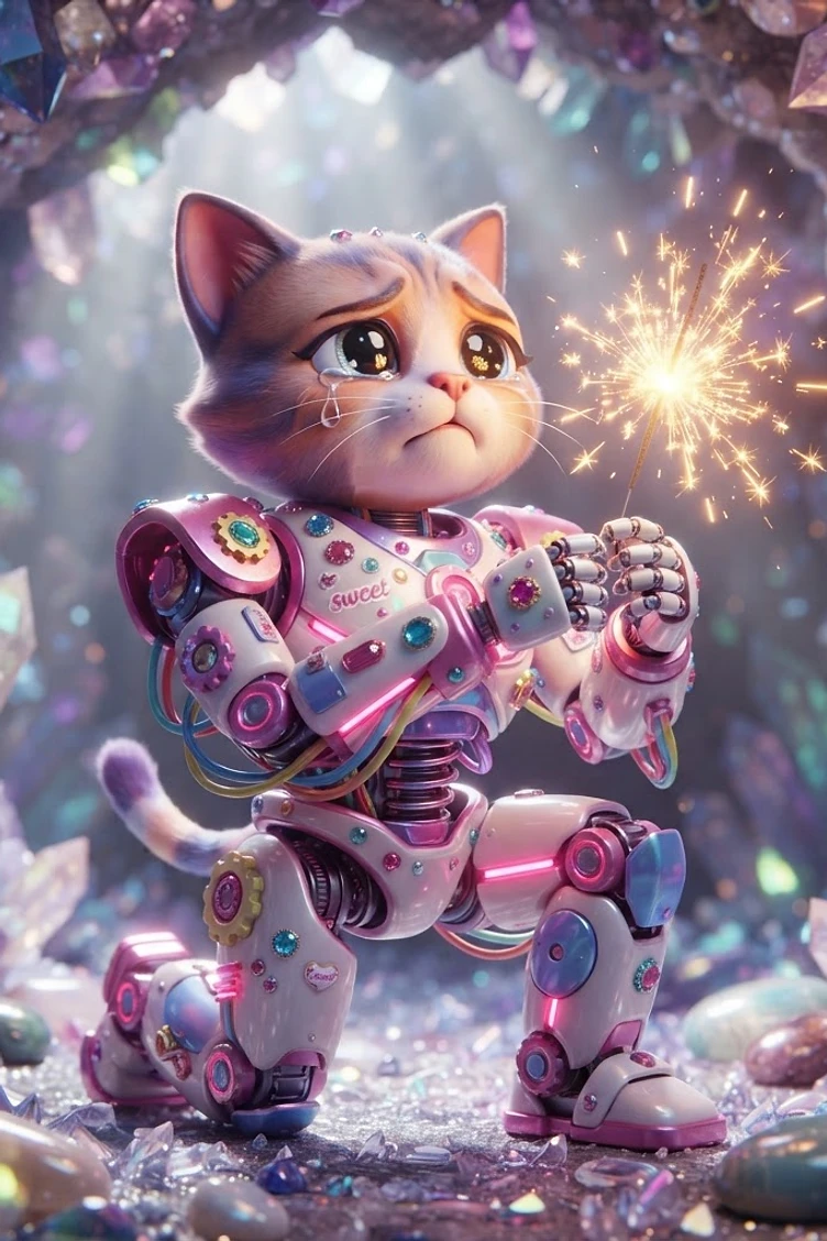 A sad, teary-eyed kitten with a robotic body, kneeling in a glowing crystal cave while holding a sparking handheld firework.