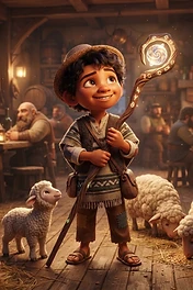 A young, curly-haired shepherd boy in a rustic tavern holding a glowing wooden magic staff, surrounded by several sheep, with blurred figures in the background.