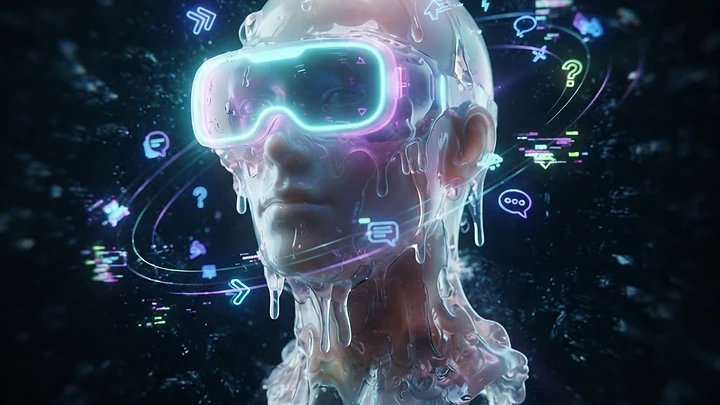 A translucent, melting human head wearing glowing neon VR goggles surrounded by floating digital icons against a dark, glitchy background.