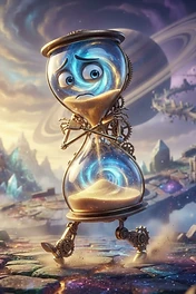 A sad, anthropomorphic hourglass with a swirling galaxy inside, featuring clockwork mechanical legs walking on a cosmic stone path.
