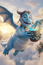 A cute blue cartoon dragon with goggles and a scarf flying in the clouds while sipping a blue drink from a coconut shell.