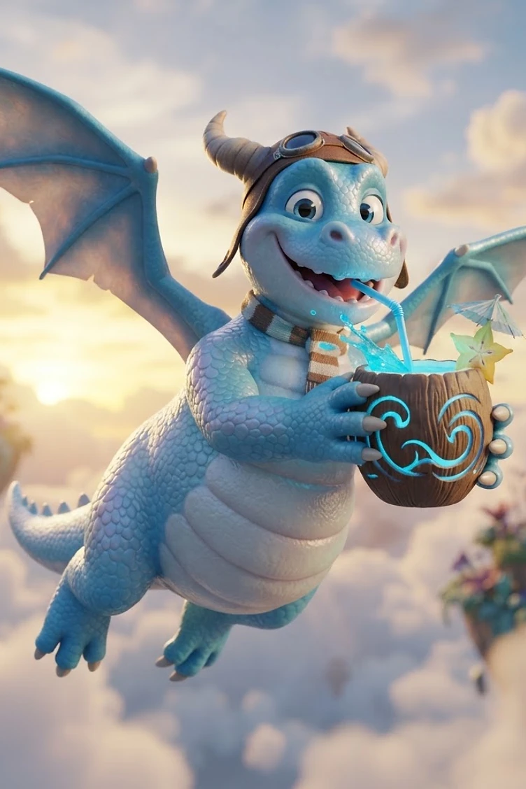 A cute blue cartoon dragon with goggles and a scarf flying in the clouds while sipping a blue drink from a coconut shell.