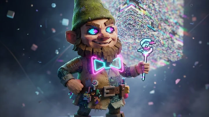 A stylized garden gnome with glowing pixelated eyes, a neon pink bow tie, and a digital staff standing on a floating circuit board platform.
