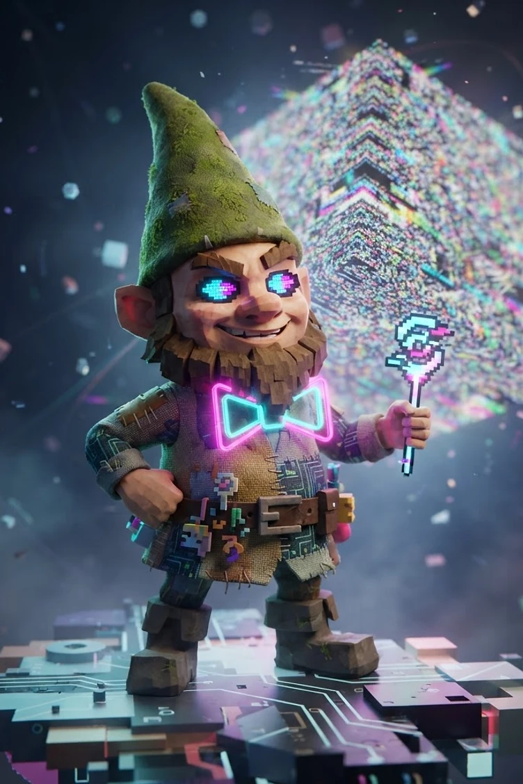 A stylized garden gnome with glowing pixelated eyes, a neon pink bow tie, and a digital staff standing on a floating circuit board platform.