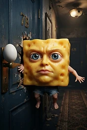 A surreal yellow sponge character with a realistic human face and blue eyes bursting through a dark blue wooden door in a hallway, wearing denim shorts.