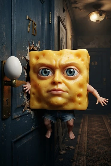 A surreal yellow sponge character with a realistic human face and blue eyes bursting through a dark blue wooden door in a hallway, wearing denim shorts.