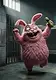 A furry pink rabbit character with a wide, manic grin jumps in a dimly lit prison cell, holding a small, crying green pickle in its hand.
