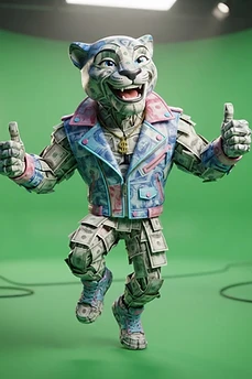 A stylized cheetah mascot character made entirely of dollar bills, wearing a blue and pink leather jacket and giving a thumbs up in a green screen studio.