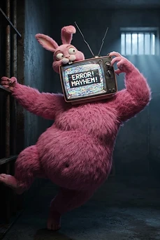 A fluffy pink rabbit character with an old television for a head showing static and the text ERROR! MAYHEM! posing inside a dark prison cell.