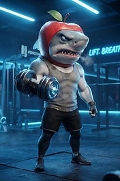 A muscular shark character with an apple head lifting a dumbbell in a dark neon-lit gym with blue lighting.