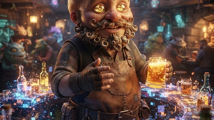 A bald, bearded fantasy dwarf with glowing golden eyes holds a glass of beer behind a digital, glowing tavern counter in a rustic pub.