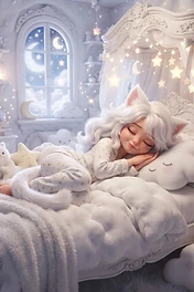 A whimsical anime-style cat girl with white hair sleeping peacefully in a cozy, glowing bedroom surrounded by star and cloud decorations.