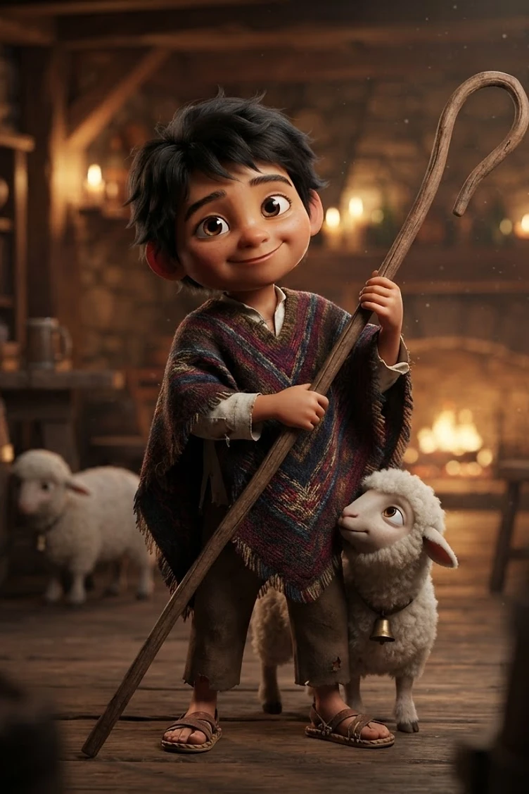 A cute cartoon-style young boy wearing a patterned poncho and sandals standing in a cozy, dim tavern holding a wooden shepherd's staff with two small white fluffy sheep nearby.