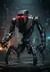 A metallic industrial robot with glowing red eyes and multiple mechanical legs standing in a dark, gritty factory workshop.