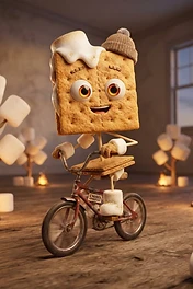 A cartoonish s'more character with a melting marshmallow head and a beanie hat riding a small red bicycle in a room filled with marshmallow trees.