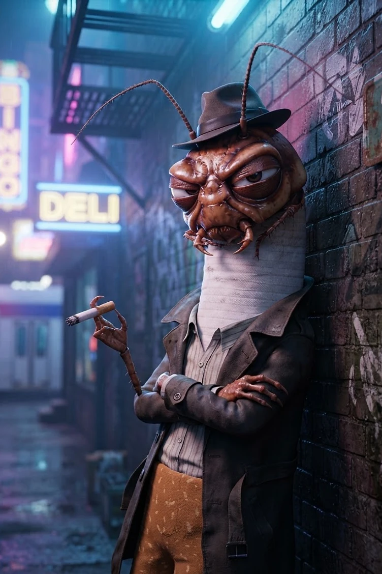 A stylized, anthropomorphic cockroach detective wearing a fedora and trench coat, smoking a cigarette while leaning against a rainy brick alley wall at night.