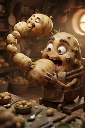 A stylized, animated potato character sitting at a wooden table in a pantry, eating a chain of smaller connected potatoes that loops into its own mouth.