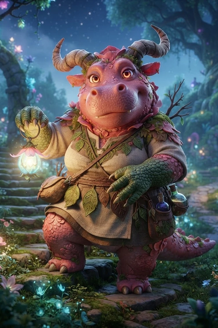 A friendly, pink, horned creature resembling a small dragon wearing a tunic and carrying a glowing flower lantern in a magical, bioluminescent woodland forest.