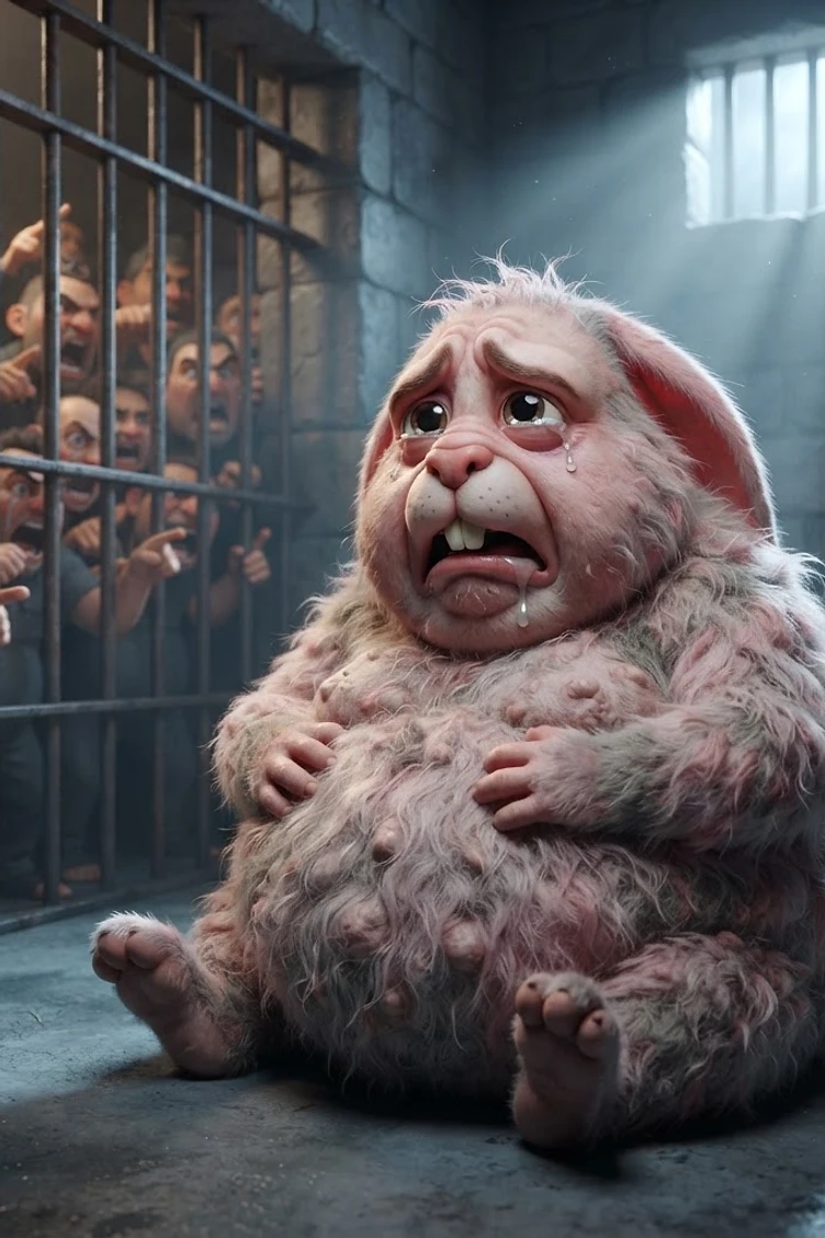 A distressed, overweight, pink, furry, rabbit-like creature sitting in a dim, stone prison cell while angry people yell and point from behind bars.