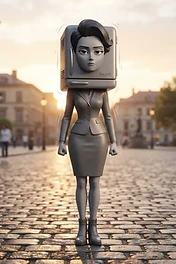 A gray-toned, surreal character with a miniature refrigerator for a head, featuring a woman's face on the door, wearing a business suit and boots, standing on a cobblestone street at sunset.