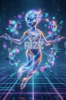 A glowing holographic figure floating in a digital cyberspace environment, wearing a large diamond RIZZ pendant, surrounded by floating icons like arrows and question marks.