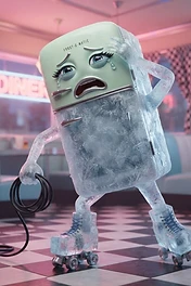 A cartoonish, distressed vintage refrigerator character made of ice with crying eyes, wearing ice-skate shoes and holding a power cord in a retro diner.