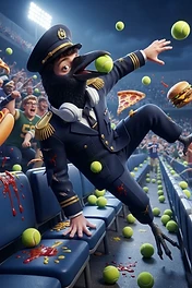 Brainrot Me character: Black bird in uniform in a packed football stadium during a giant food fight