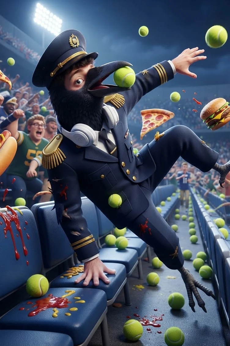 Brainrot Me character: Black bird in uniform in a packed football stadium during a giant food fight