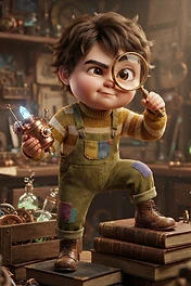 A stylized young boy with brown hair wearing overalls holding a magnifying glass in a cluttered science workshop.