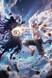 A stylized anime character in Gear 5 form with white hair and clothing, glowing with energy, punching a dark shadowy figure in a ruined sky environment.