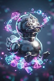 A metallic chrome rubber duck with multiple eyes floating in a digital space surrounded by neon geometric shapes and holographic data.